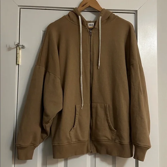 BKE Fleece Lined Drop Shoulder Zip Up Oversized Hoodie Size XL 1X Tan - Picture 7 of 9